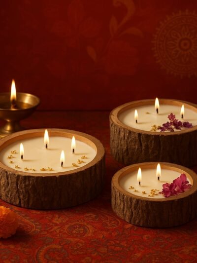 Mehfil Urli Luxury Candle – Handcrafted Wooden with Bark Finish , 3 wicks