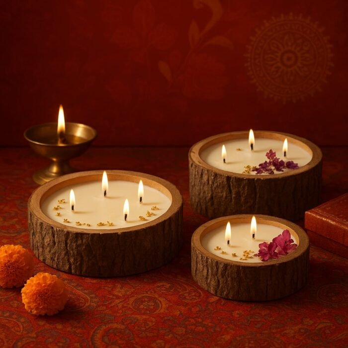 Mehfil Urli Luxury Candle – Handcrafted Wooden with Bark Finish , 3 wicks